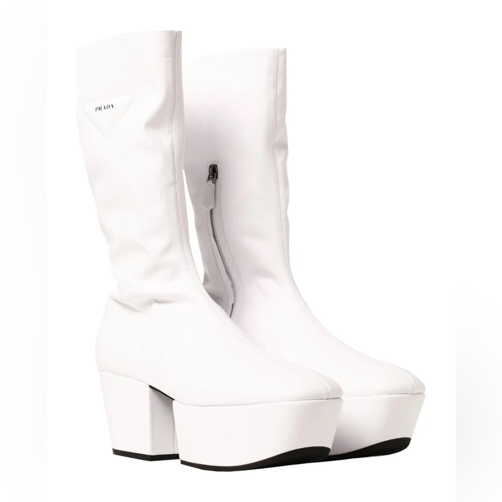 Prada Nappa Tech Triangle Logo White Chunky Platform Block Heel Boots IT Size 38